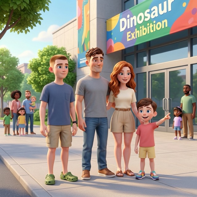 Harry, Albert, Mum and Dad arrive outside the Dinosaur Exhibition