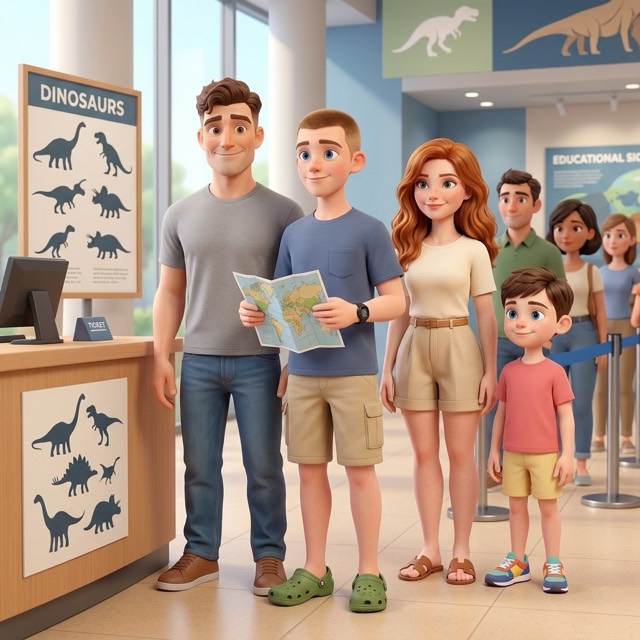The family waits in line at the entrance to get tickets checked
