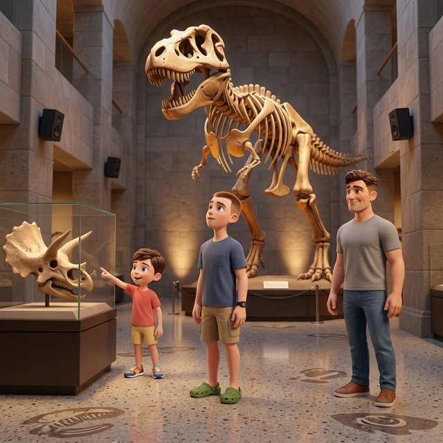 Tall dinosaur skeletons under bright lights as Albert points at a huge skull