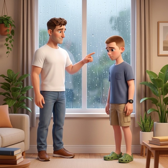 Rain runs down the window behind them as Dad explains, and Harry looks disappointed