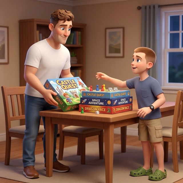 Dad sets a stack of board games on the table while Harry reaches for one