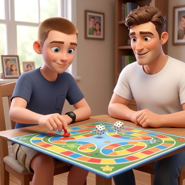 Harry moves a game piece as the dice roll, and Dad watches, smiling