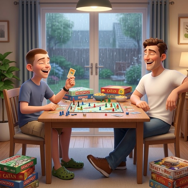Harry and Dad laugh over a board game while the rain keeps falling outside